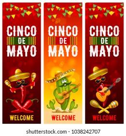 Cinco de Mayo banners set with skull and cactus in sombrero, red peppers jalapeno and with maracas and guitar - symbols of holiday. Vector illustration. 