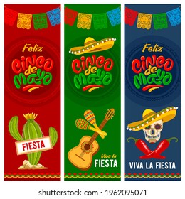 Cinco de Mayo banners set for mexico independence celebration with traditional papercut flags and other symbols of holiday. Lettering calligraphy inscription Cinco de Mayo. Vector illustration. 