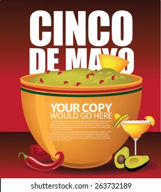 Cinco De Mayo big bowl of guacamole ad template EPS 10 vector royalty free stock illustration for greeting card, ad, promotion, poster, flier, blog, article, social media, marketing, menu, invitation