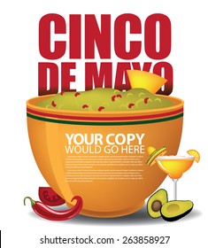 Cinco De Mayo big bowl of guacamole ad template EPS 10 vector royalty free stock illustration for greeting card, ad, promotion, poster, flier, blog, article, social media, marketing, menu, invitation