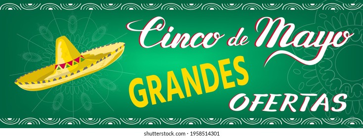 Cinco de Mayo Big Dicsounts, banner, flyer, card, or invitation. Promotion advertising offers, sale for Mexican festival of independence. Sombrero, mandalas, and lettering in colours of national flag