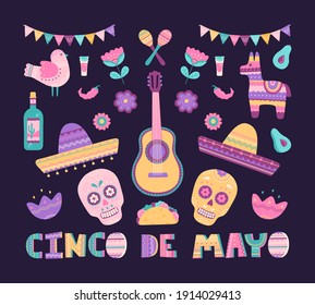 Cinco de Mayo big set with traditional Mexican symbols of holiday skull, pinata, sombrero, burrito and tequila. Hand drawn elements collection, template in flat cartoon style, isolated on background