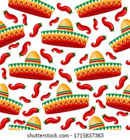 Cinco de Mayo bright seamless pattern. White background with sambrero, pepper. Vector illustration