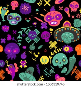 Cinco de Mayo bright trendy seamless pattern with skulls in Mexican hat, sombrero. Endless texture for greeting cards cartoon vector illustration on black background.