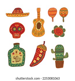 cinco de mayo. bright vector set. Pepper, guitar, sombrero, tequila. Vector illustration