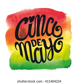 Cinco De Mayo brush lettering greeting card.Mexico Vector,doodle handwritten words,titles calligraphy,typography banner.Watercolor splash.Mexicans celebration,Happy 5th of May day,holiday,latin party 