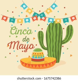Cinco De Mayo Cactus And Hat Pennants Decoration Mexican Celebration Vector Illustration