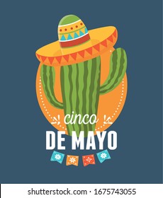 cinco de mayo cactus with hat culture mexican celebration vector illustration