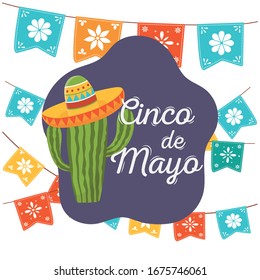 cinco de mayo cactus with hat pennatns flowers mexican celebration vector illustration