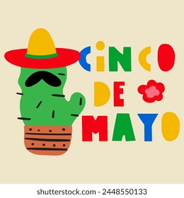 Cinco de Mayo. Cactus with mustaches. Vector hand drawn illustration on yellow background.