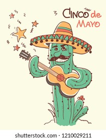 Cinco de mayo Cactus playing the guitar.Vector color hand drawn illustration