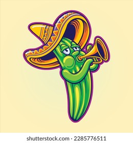 Cinco de mayonesa cactus jugando trompeta con sombrero mexicano vectores para tu logo de trabajo, camiseta de mercadería, pegatinas y diseños de etiquetas, afiche, tarjetas de felicitación compañía de publicidad