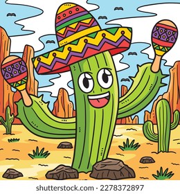 Cinco de Mayo Cactus With Sombrero Colored Cartoon