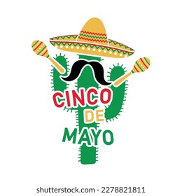 Cinco de Mayo cactus con sombrero y maracas, festividad mexicana el 5 de mayo, tarjeta vector