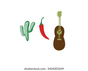 Cinco De Mayo cactus with sombrero and maracas, mexican holiday on May 5, vector card.Cinco de Mayo vector set (sombreros, pinatas, a guitar, cactus 