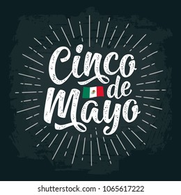 Cinco de Mayo calligraphic handwriting lettering with ray. Vector color vintage engraving illustration. Isolated on dark background.
