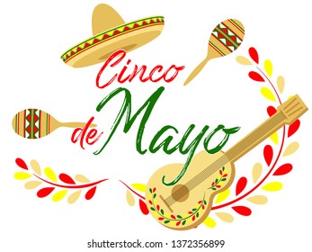 Cinco de Mayo calligraphy lettering text with sombrero, guitar and maracas - symbols of holiday. May 5th Cinco de Mayo vector banner illustration. Mexican fiesta, holiday poster, banner, greeting card