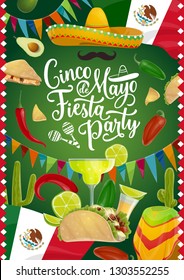 Cinco de Mayo calligraphy, Mexican holiday fiesta celebration tequila and margarita cocktail. Vector Cinco de Mayo Mexico flag balloons, sombrero and mustache with chili pepper, cactus and avocado