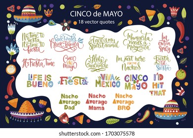 Cinco de Mayo calligraphy vector set. Fiesta typography festive lettering greeting collection. Quote and illustration for card, poster and tshirt print.