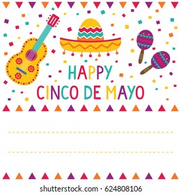 Cinco de Mayo card (a sombrero, a guitar, maracas and confetti), with a space for text