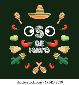 cinco de mayo card background with hat, cactus, chilies, avocado, maracas, and taco 