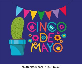 cinco de mayo card with cactus and garlands