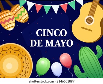 Cinco de Mayo Card Design with Guitar, sombrero, maracas, cactus, balloon, and hanging party flag on dark background. Can be used for greeting card, invitation, poster, postcard, etc.