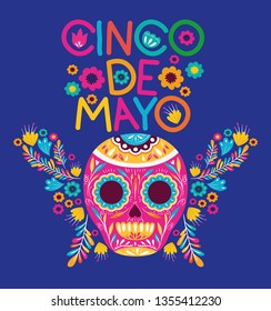 cinco de mayo card with flowers and skull mask