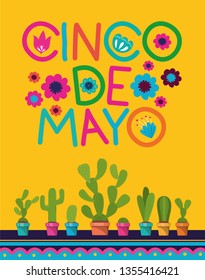 cinco de mayo card with flowers and cactus