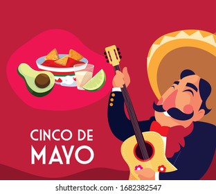 cinco de mayo card of greeting with mexican mariachi vector illustration design