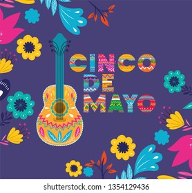 cinco de mayo card with guitar and flowers