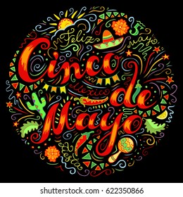 Cinco De Mayo card  Hand drawn celebration phrase  Doodle style handwritten greeting and many Mexican attributes  Freehand lettering   decorative elements  Cheerful colors  Vector illustration 