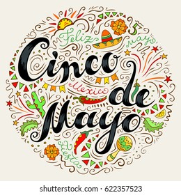 Cinco De Mayo card  Hand drawn celebration phrase  Doodle style handwritten greeting and many Mexican attributes  Freehand lettering   decorative elements  Vector illustration 