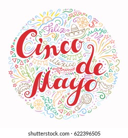 Cinco De Mayo card  Hand drawn celebration phrase  Doodle style handwritten greetings and Mexican attributes  Freehand lettering   line art in colors at white background  Vector illustration 