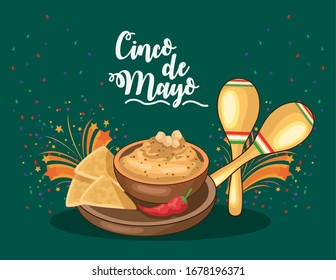 cinco de mayo card with nachos and cheese sauce vector illustration design