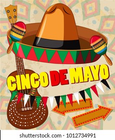 Cinco de mayo card template hat and guitar illustration