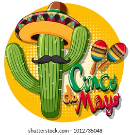 Cinco de mayo card template and cactus wearing hat illustration