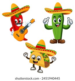 Cinco de Mayo. Personajes de dibujos animados de chile, cactus, taco, guitarra y baile