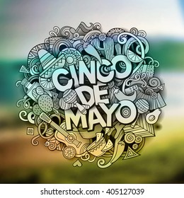 Cinco de Mayo. Cartoon vector hand drawn Doodle illustration. Detailed design with objects and symbols. All objects are separated. Vector blurred background