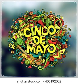 Cinco de Mayo. Cartoon vector hand drawn Doodle illustration. Detailed design with objects and symbols. All objects are separated. Vector blurred background