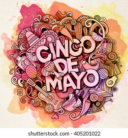 Cinco de Mayo. Cartoon vector hand drawn Doodle illustration. Watercolor detailed design background with objects and symbols. All objects are separated