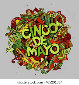 Cinco de Mayo. Cartoon vector hand drawn Doodle illustration. Colorful detailed design background with objects and symbols. All objects are separated