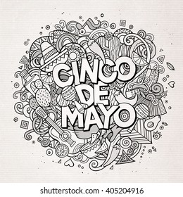 Cinco de Mayo. Cartoon vector hand drawn Doodle illustration. Line art detailed design background with objects and symbols. All objects are separated