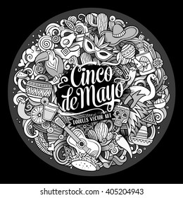 Cinco de Mayo. Cartoon vector hand drawn Doodle illustration. Line art detailed round design background with objects and symbols. All objects are separated