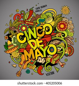 Cinco de Mayo. Cartoon vector hand drawn Doodle illustration. Colorful detailed design background with objects and symbols. All objects are separated