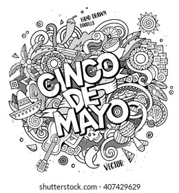 Cinco de Mayo. Cartoon vector hand drawn Doodle illustration. Line art detailed design background with objects and symbols. All objects are separated