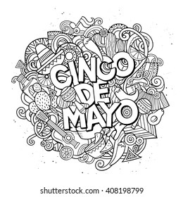 Cinco de Mayo. Cartoon vector hand drawn Doodle illustration. Line art detailed design background with objects and symbols. All objects are separated