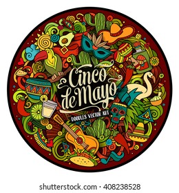 Cinco de Mayo. Cartoon vector hand drawn Doodle illustration. Colorful detailed round design background with objects and symbols. All objects are separated