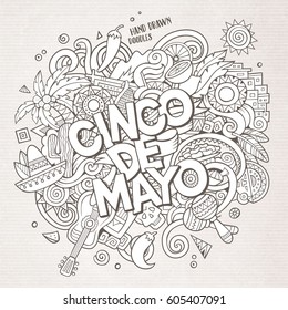 Cinco de Mayo. Cartoon vector hand drawn Doodle illustration. Line art detailed design background with objects and symbols. All objects are separated