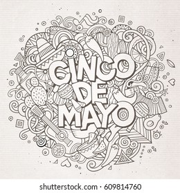 Cinco de Mayo. Cartoon vector hand drawn Doodle illustration. Line art detailed design background with objects and symbols. All objects are separated